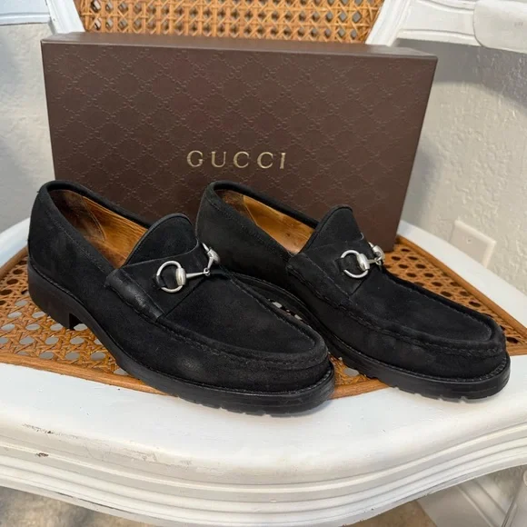 Gucci Mens Black Suede Silver Bit Lug Sole 8.5 D Loafer With Gucci Box - Picture 2 of 15